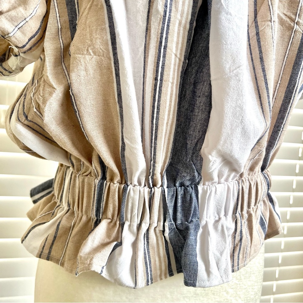 Everly Sz Medium Off The Shoulder Crop Top Blouse Blue and Tan, Puffy Sleeves - Picture 3 of 13